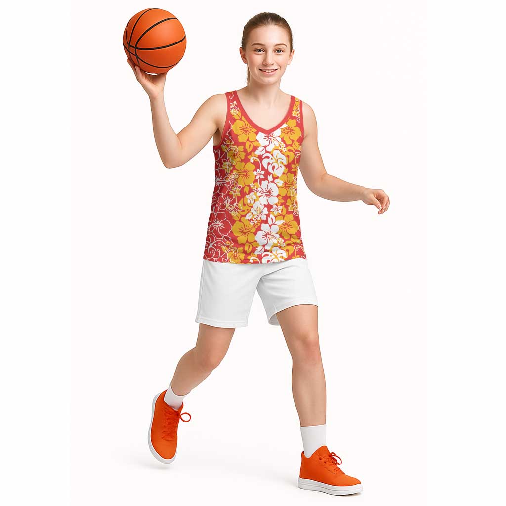 Hawaiian Lei Day Basketball Jersey Red Hibiscus Flowers Lei Art - Polynesian Pride