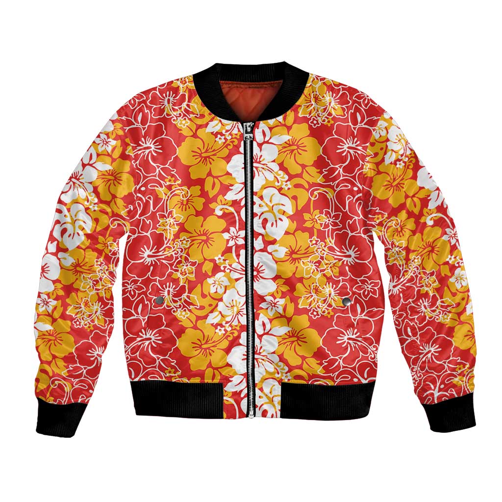 Hawaiian Lei Day Bomber Jacket Red Hibiscus Flowers Lei Art