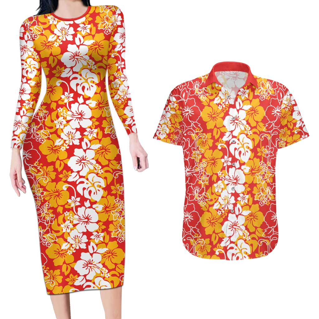 Hawaiian Lei Day Couples Matching Long Sleeve Bodycon Dress and Hawaiian Shirt Red Hibiscus Flowers Lei Art