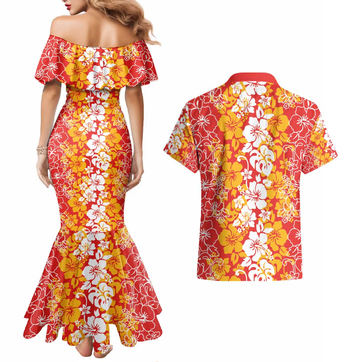 Hawaiian Lei Day Couples Matching Mermaid Dress and Hawaiian Shirt Red Hibiscus Flowers Lei Art LT9 - Polynesian Pride