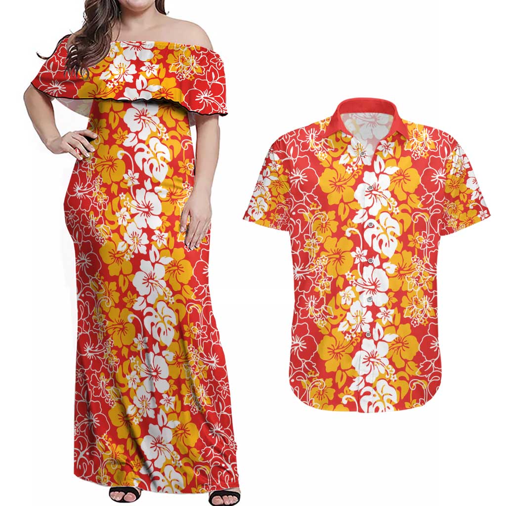 Hawaiian Lei Day Couples Matching Off Shoulder Maxi Dress and Hawaiian Shirt Red Hibiscus Flowers Lei Art