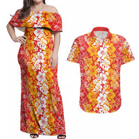 Hawaiian Lei Day Couples Matching Off Shoulder Maxi Dress and Hawaiian Shirt Red Hibiscus Flowers Lei Art