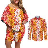 Hawaiian Lei Day Couples Matching Off Shoulder Short Dress and Long Sleeve Button Shirt Red Hibiscus Flowers Lei Art