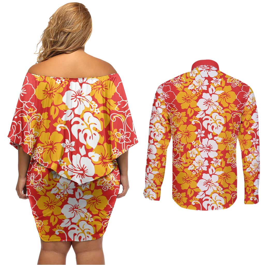 Hawaiian Lei Day Couples Matching Off Shoulder Short Dress and Long Sleeve Button Shirt Red Hibiscus Flowers Lei Art