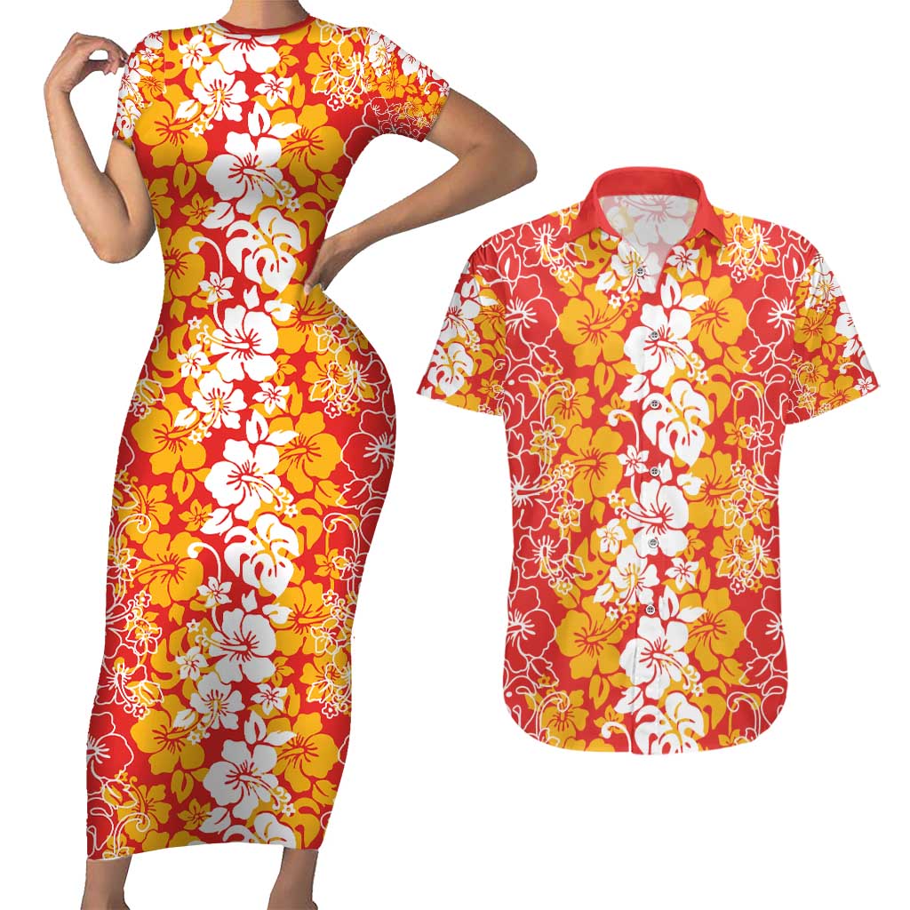 Hawaiian Lei Day Couples Matching Short Sleeve Bodycon Dress and Hawaiian Shirt Red Hibiscus Flowers Lei Art