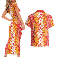 Hawaiian Lei Day Couples Matching Short Sleeve Bodycon Dress and Hawaiian Shirt Red Hibiscus Flowers Lei Art LT9 - Polynesian Pride