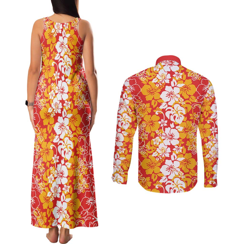 Hawaiian Lei Day Couples Matching Tank Maxi Dress and Long Sleeve Button Shirt Red Hibiscus Flowers Lei Art