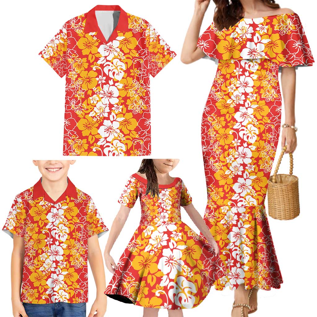 Hawaiian Lei Day Family Matching Mermaid Dress and Hawaiian Shirt Red Hibiscus Flowers Lei Art