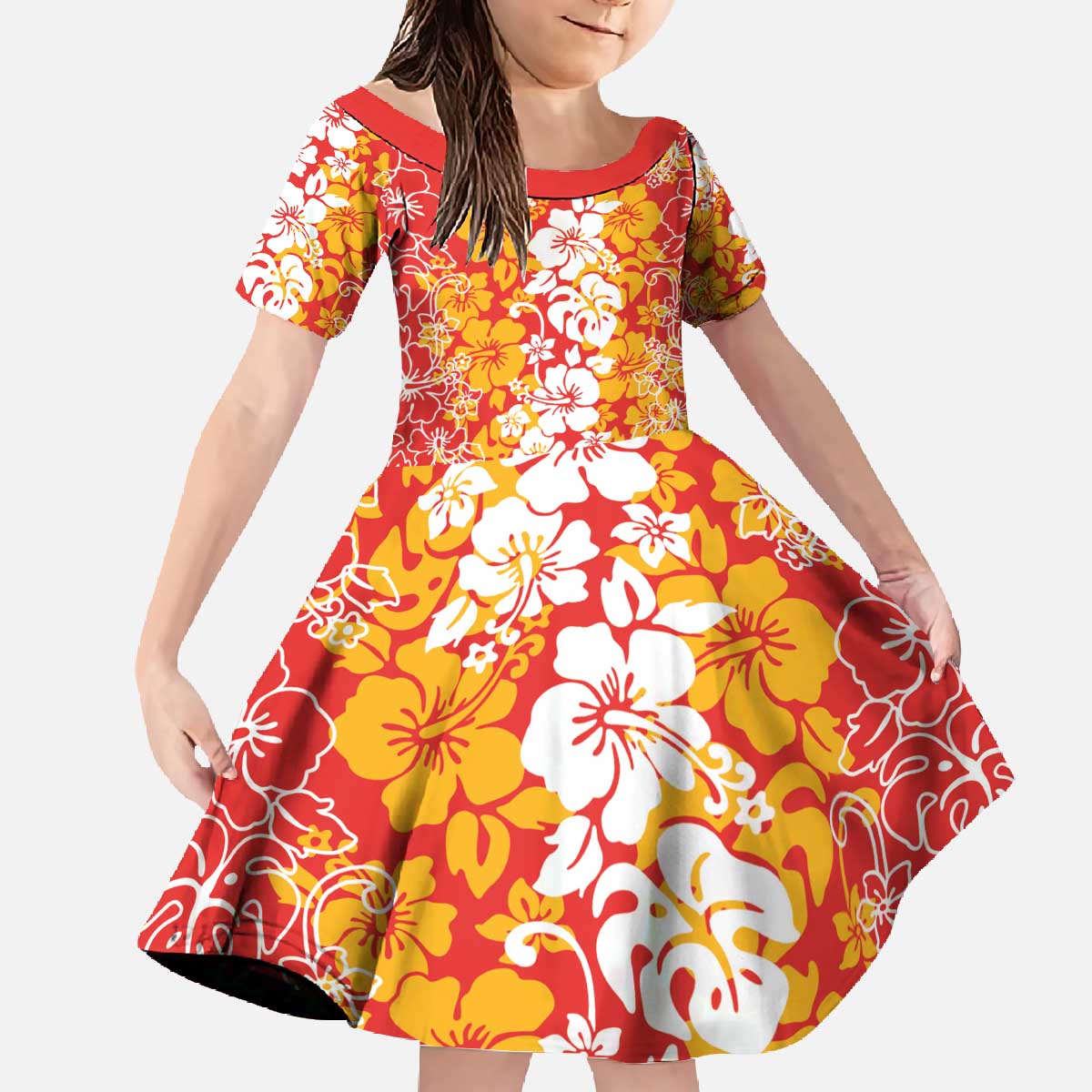Hawaiian Lei Day Family Matching Off The Shoulder Long Sleeve Dress and Hawaiian Shirt Red Hibiscus Flowers Lei Art LT9 Daughter's Dress Red - Polynesian Pride