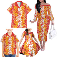 Hawaiian Lei Day Family Matching Off The Shoulder Long Sleeve Dress and Hawaiian Shirt Red Hibiscus Flowers Lei Art LT9 - Polynesian Pride