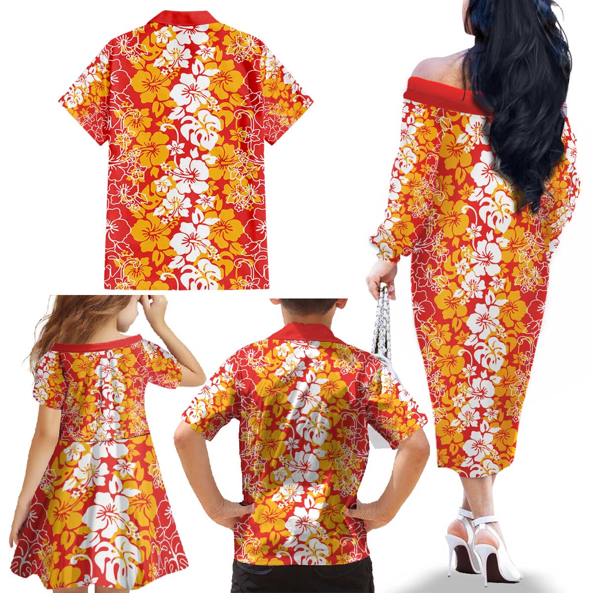 Hawaiian Lei Day Family Matching Off The Shoulder Long Sleeve Dress and Hawaiian Shirt Red Hibiscus Flowers Lei Art LT9 - Polynesian Pride