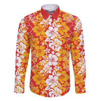 Hawaiian Lei Day Family Matching Off The Shoulder Long Sleeve Dress and Hawaiian Shirt Red Hibiscus Flowers Lei Art LT9 Dad's Shirt - Long Sleeve Red - Polynesian Pride