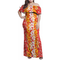 Hawaiian Lei Day Family Matching Off Shoulder Maxi Dress and Hawaiian Shirt Red Hibiscus Flowers Lei Art