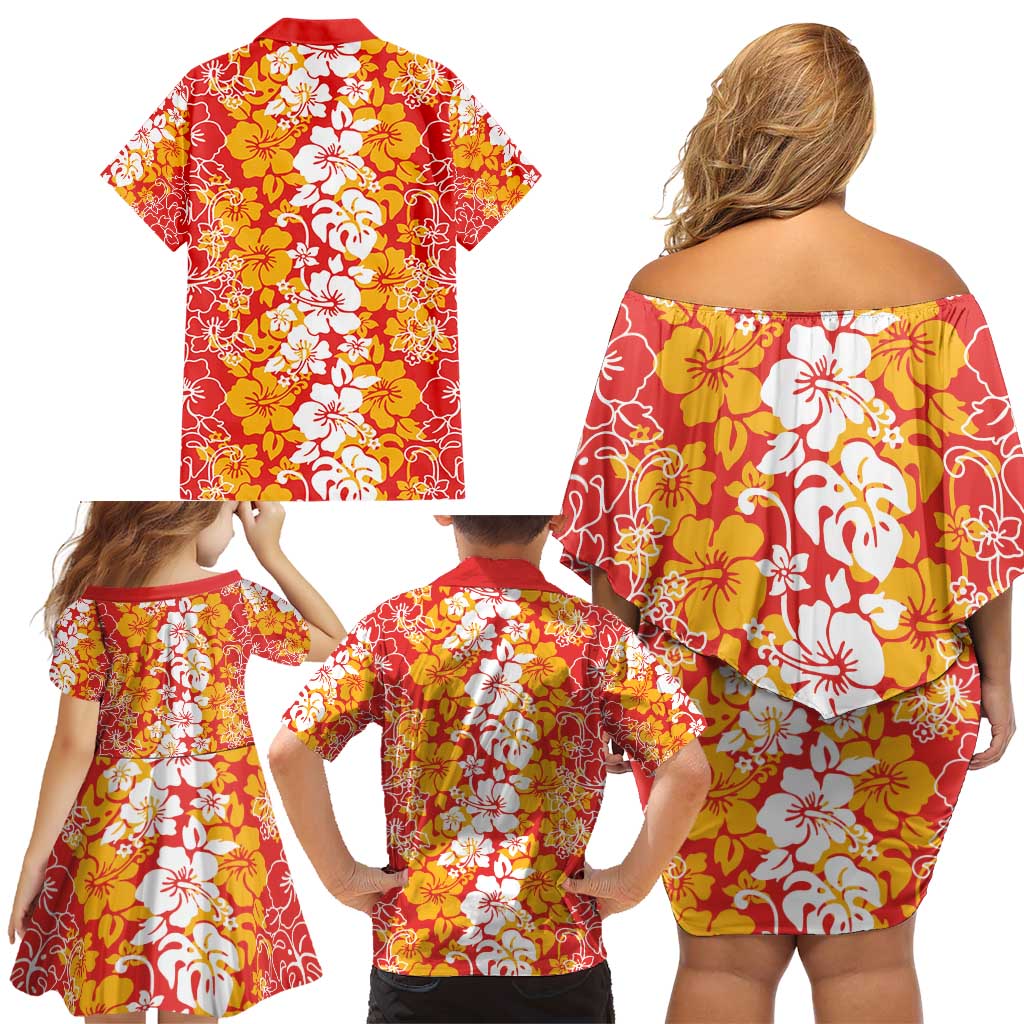 Hawaiian Lei Day Family Matching Off Shoulder Short Dress and Hawaiian Shirt Red Hibiscus Flowers Lei Art
