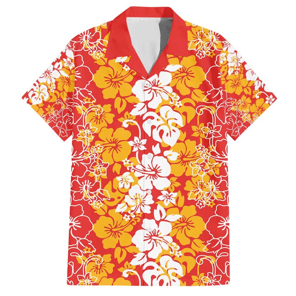 Hawaiian Lei Day Family Matching Off Shoulder Short Dress and Hawaiian Shirt Red Hibiscus Flowers Lei Art
