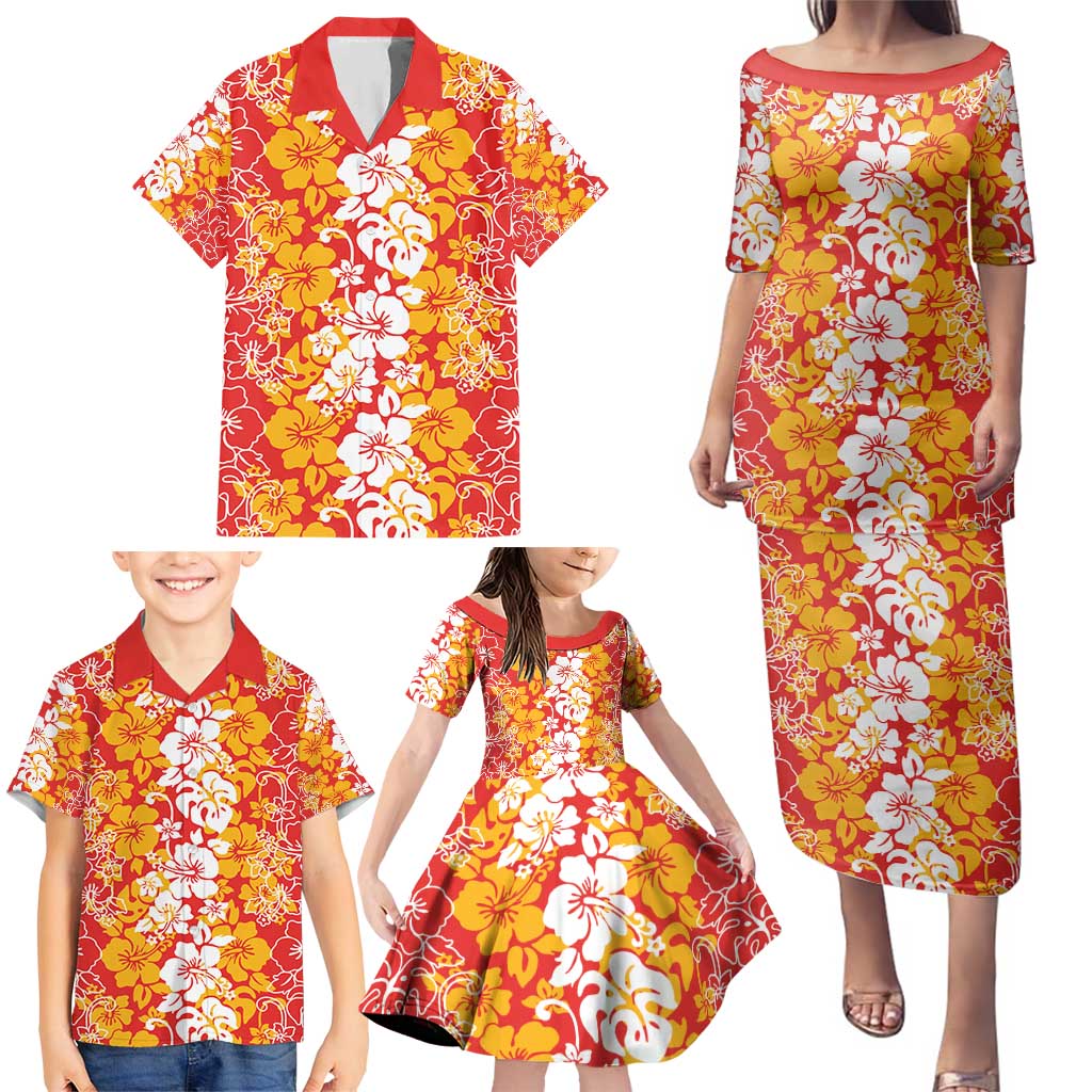 Hawaiian Lei Day Family Matching Puletasi and Hawaiian Shirt Red Hibiscus Flowers Lei Art