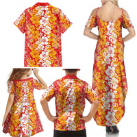 Hawaiian Lei Day Family Matching Summer Maxi Dress and Hawaiian Shirt Red Hibiscus Flowers Lei Art