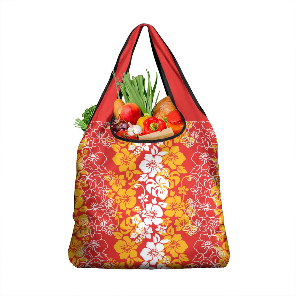 Hawaiian Lei Day Grocery Bag Red Hibiscus Flowers Lei Art