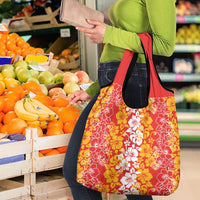 Hawaiian Lei Day Grocery Bag Red Hibiscus Flowers Lei Art