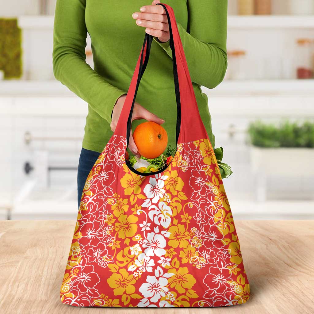 Hawaiian Lei Day Grocery Bag Red Hibiscus Flowers Lei Art