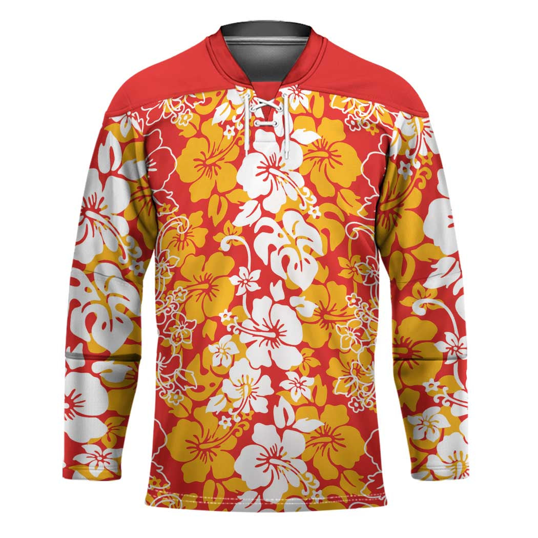 Hawaiian Lei Day Hockey Jersey Red Hibiscus Flowers Lei Art - Polynesian Pride