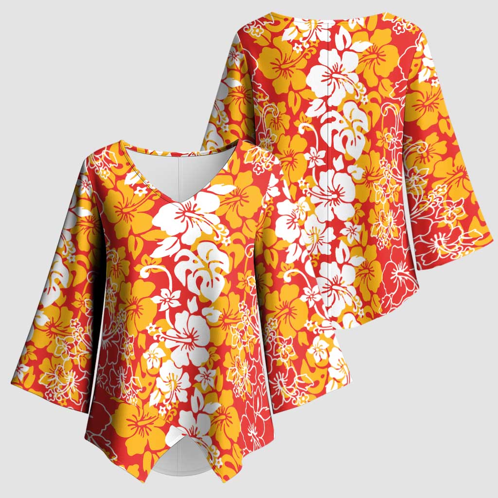 Hawaiian Lei Day Kimono Sleeve Blouse Red Hibiscus Flowers Lei Art - Polynesian Pride