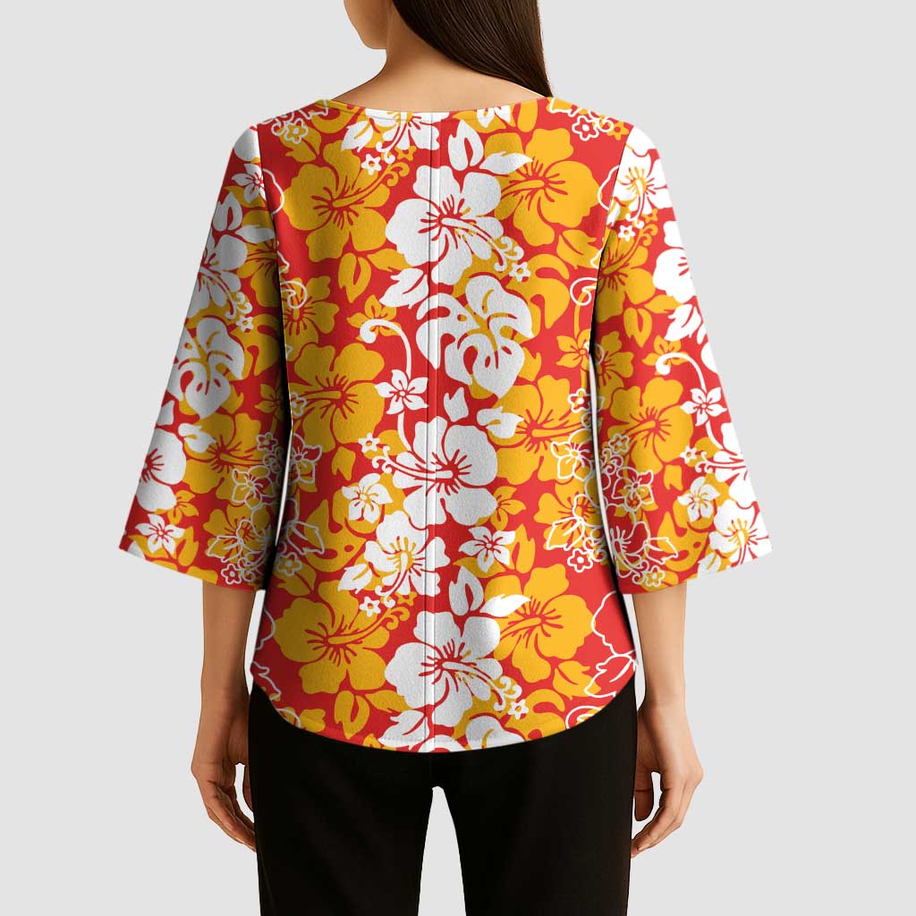 Hawaiian Lei Day Kimono Sleeve Blouse Red Hibiscus Flowers Lei Art - Polynesian Pride