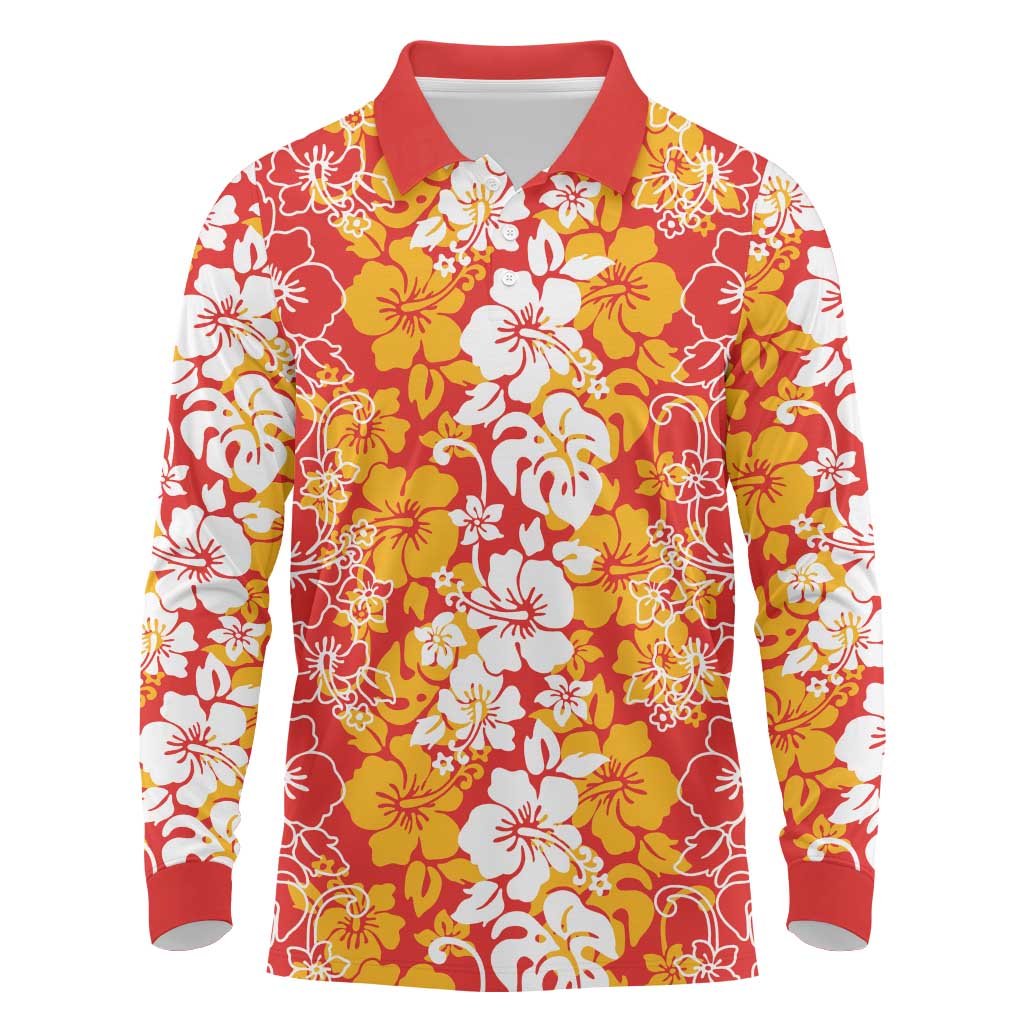 Hawaiian Lei Day Long Sleeve Polo Shirt Red Hibiscus Flowers Lei Art