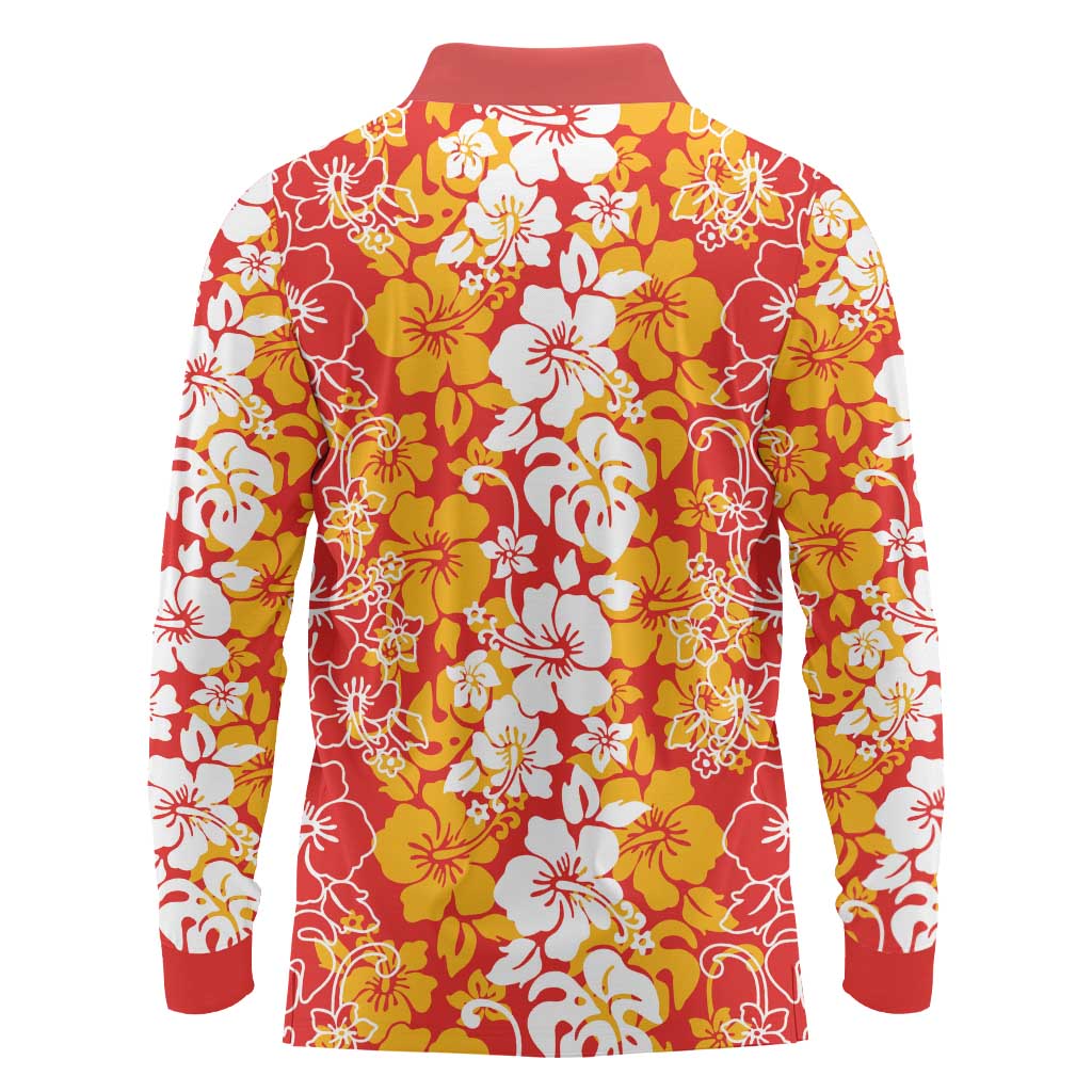 Hawaiian Lei Day Long Sleeve Polo Shirt Red Hibiscus Flowers Lei Art