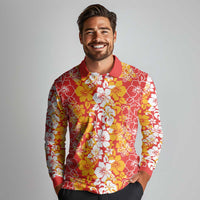Hawaiian Lei Day Long Sleeve Polo Shirt Red Hibiscus Flowers Lei Art