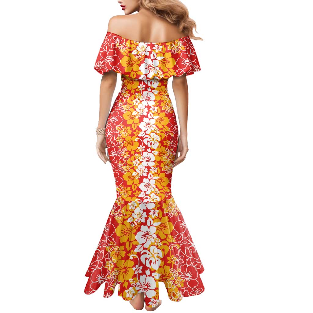 Hawaiian Lei Day Mermaid Dress Red Hibiscus Flowers Lei Art