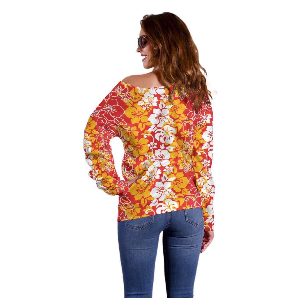 Hawaiian Lei Day Off Shoulder Sweater Red Hibiscus Flowers Lei Art
