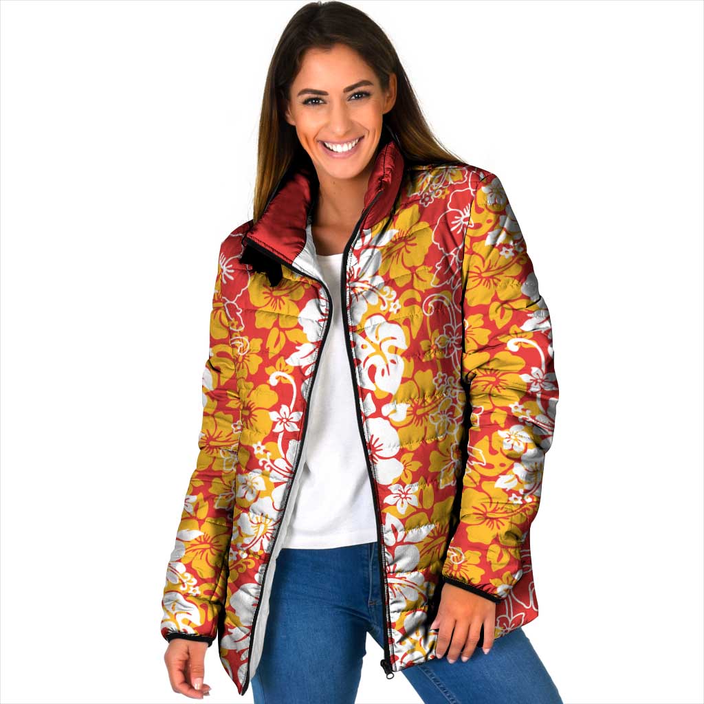 Hawaiian Lei Day Padded Jacket Red Hibiscus Flowers Lei Art - Polynesian Pride