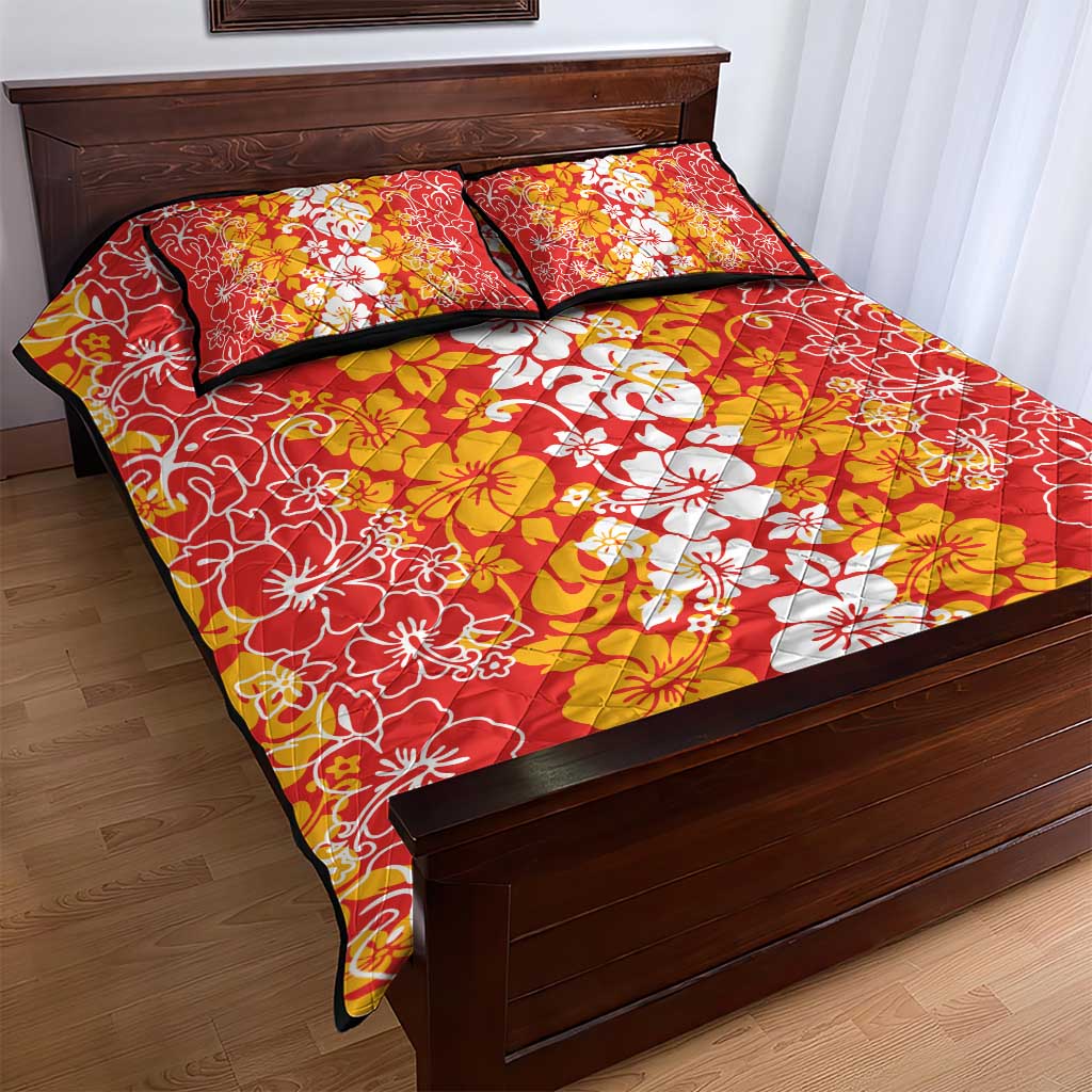 Hawaiian Lei Day Quilt Bed Set Red Hibiscus Flowers Lei Art