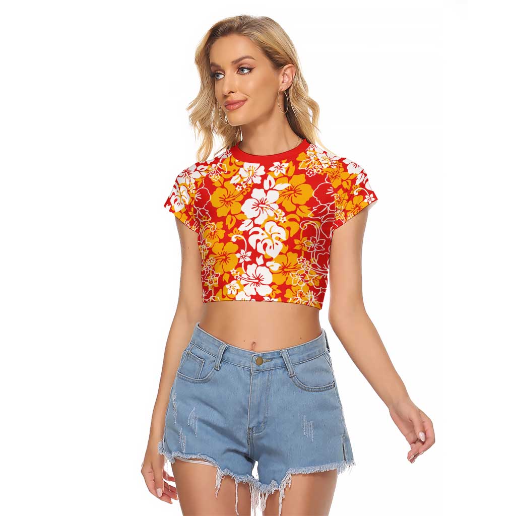 Hawaiian Lei Day Raglan Cropped T Shirt Red Hibiscus Flowers Lei Art