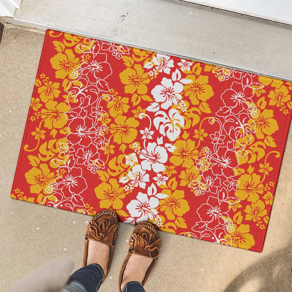Hawaiian Lei Day Rubber Doormat Red Hibiscus Flowers Lei Art