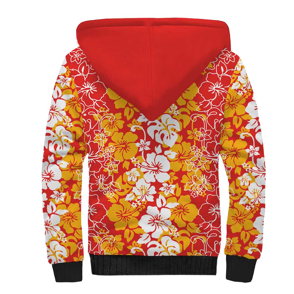 Hawaiian Lei Day Sherpa Hoodie Red Hibiscus Flowers Lei Art