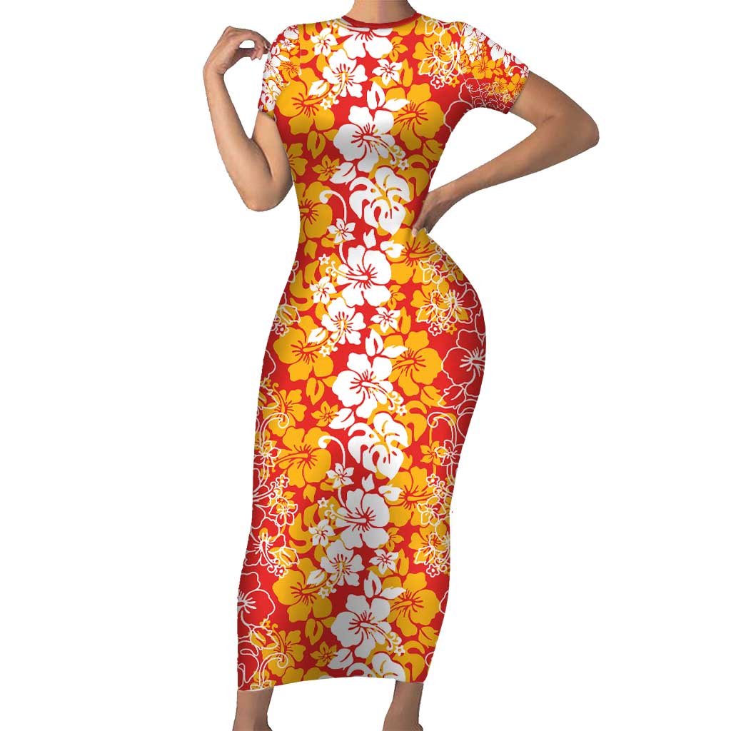 Hawaiian Lei Day Short Sleeve Bodycon Dress Red Hibiscus Flowers Lei Art