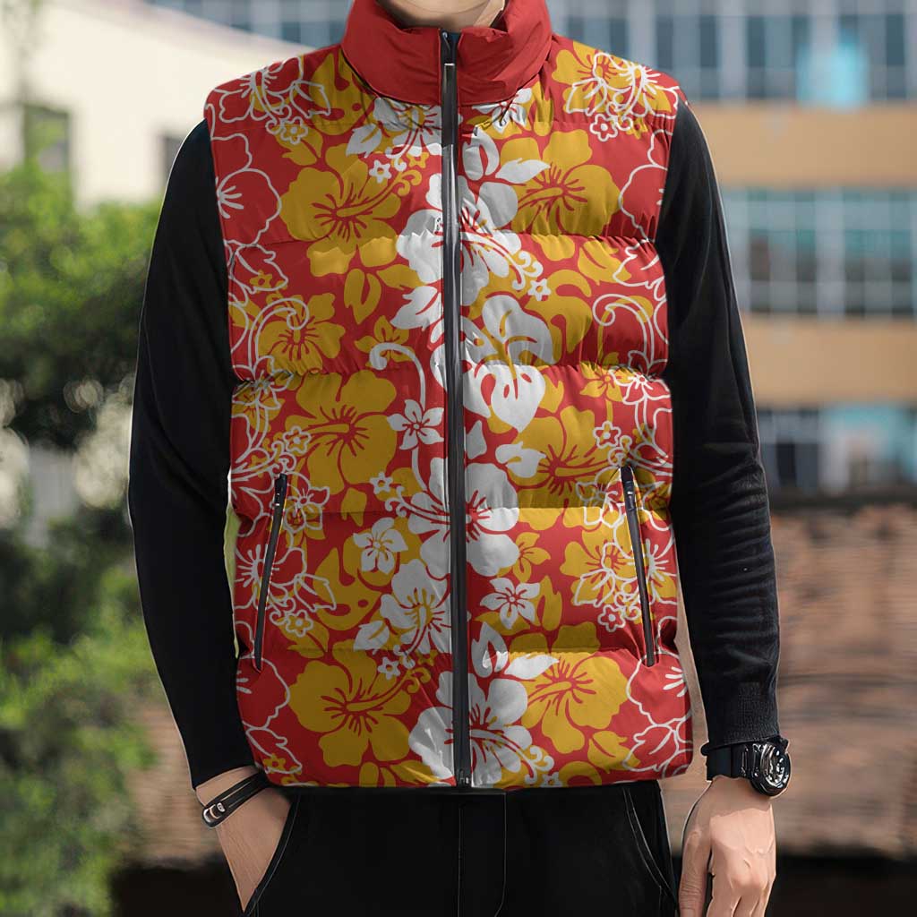 Hawaiian Lei Day Sleeveless Puffer Jacket Red Hibiscus Flowers Lei Art - Polynesian Pride