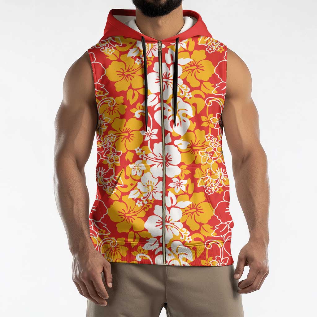 Hawaiian Lei Day Sleeveless Zip Hoodie Red Hibiscus Flowers Lei Art - Polynesian Pride