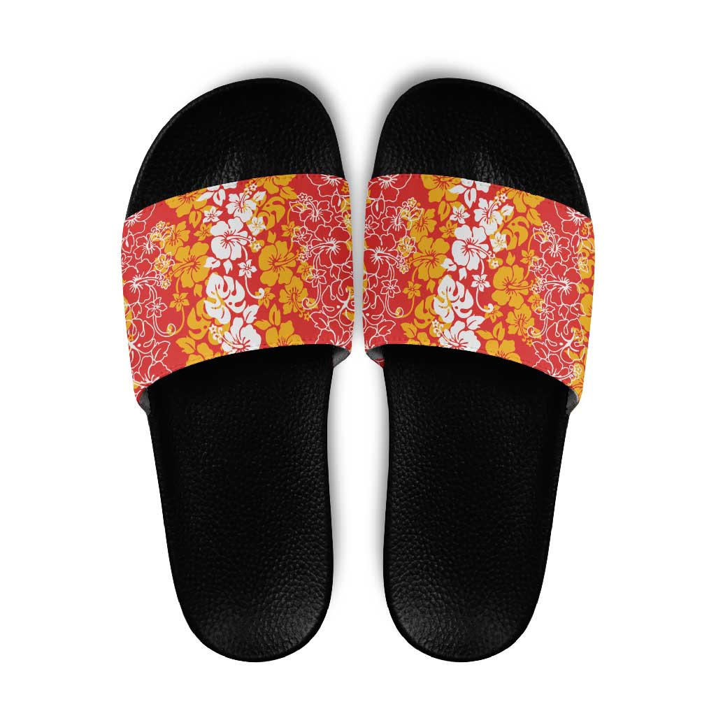 Hawaiian Lei Day Slide Sandals Red Hibiscus Flowers Lei Art - Polynesian Pride