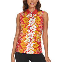 Hawaiian Lei Day Women Sleeveless Polo Shirt Red Hibiscus Flowers Lei Art