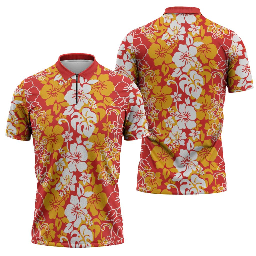 Hawaiian Lei Day Zipper Polo Shirt Red Hibiscus Flowers Lei Art - Polynesian Pride
