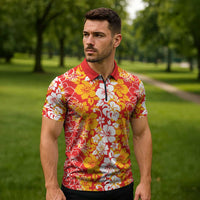 Hawaiian Lei Day Zipper Polo Shirt Red Hibiscus Flowers Lei Art - Polynesian Pride