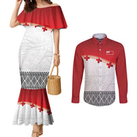Ikale Tahi Pacific Tonga Rugby Custom Couples Matching Mermaid Dress and Long Sleeve Button Shirt Tongan Ngatu with Flag Pattern LT9 Red - Polynesian Pride