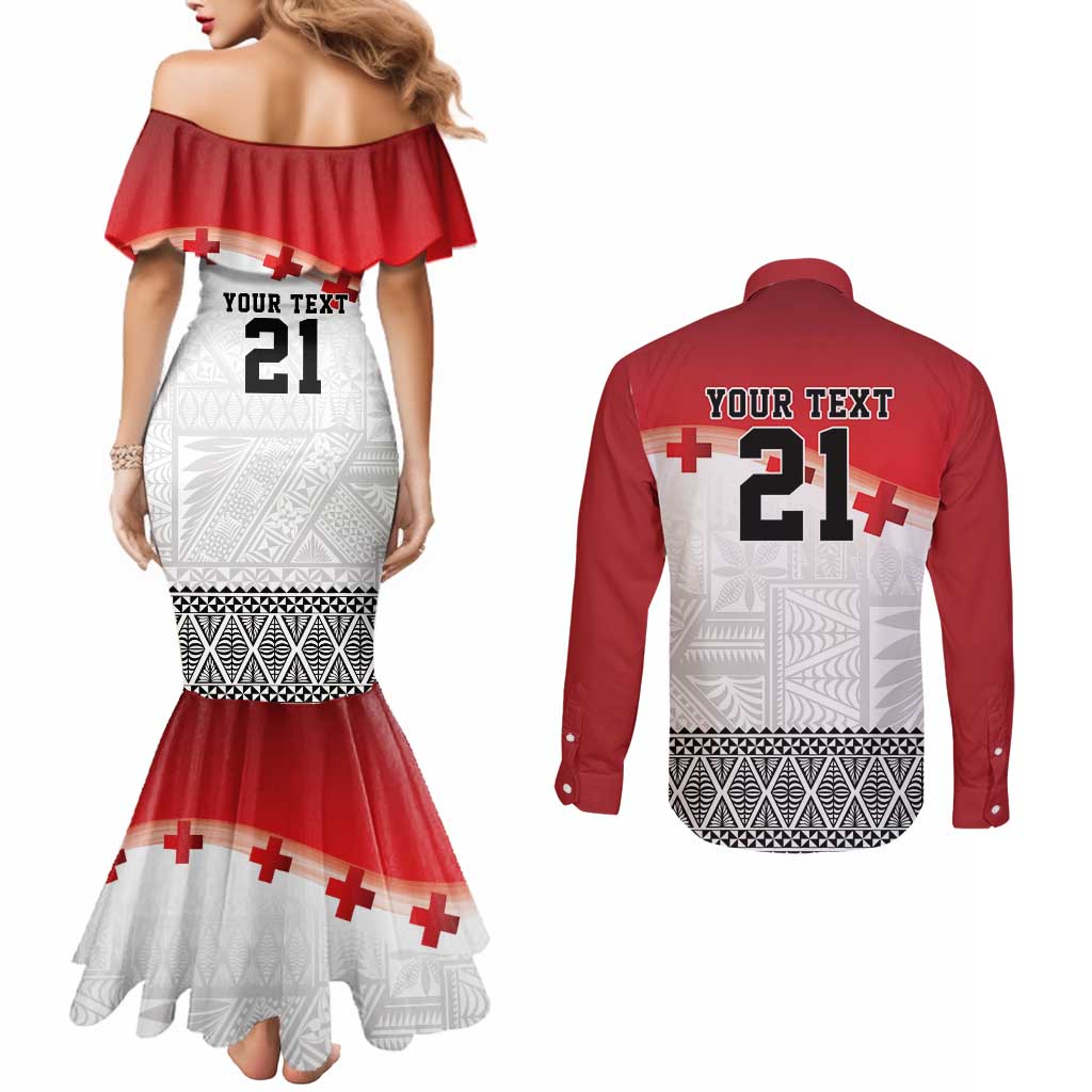 Ikale Tahi Pacific Tonga Rugby Custom Couples Matching Mermaid Dress and Long Sleeve Button Shirt Tongan Ngatu with Flag Pattern LT9 - Polynesian Pride