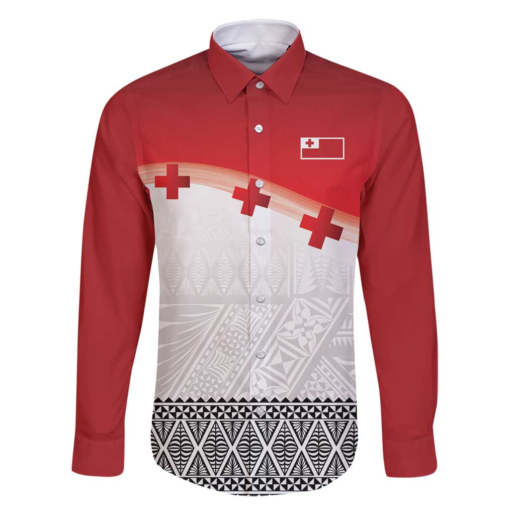 Ikale Tahi Pacific Tonga Rugby Custom Family Matching Mermaid Dress and Hawaiian Shirt Tongan Ngatu with Flag Pattern LT9 Dad's Shirt - Long Sleeve Red - Polynesian Pride
