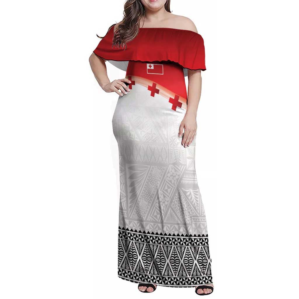 Ikale Tahi Pacific Tonga Rugby Custom Family Matching Off Shoulder Maxi Dress and Hawaiian Shirt Tongan Ngatu with Flag Pattern