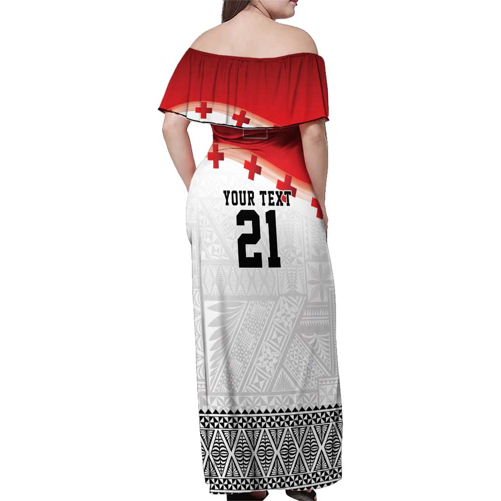Ikale Tahi Pacific Tonga Rugby Custom Family Matching Off Shoulder Maxi Dress and Hawaiian Shirt Tongan Ngatu with Flag Pattern