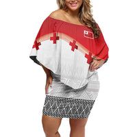 Ikale Tahi Pacific Tonga Rugby Custom Family Matching Off Shoulder Short Dress and Hawaiian Shirt Tongan Ngatu with Flag Pattern